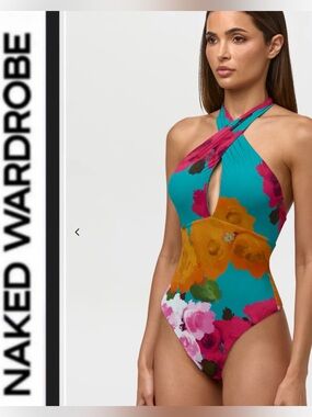 Naked Wardrobe🩵 Teal Floral Print🌸 Halter One-Piece bodysuit